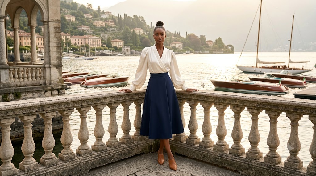 Ivory Silk Wrap Top & Navy Tailored Skirt